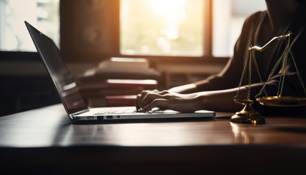 Como criar um escritório em casa? 3 uma mulher digitando no laptop no escritorio gerado pela ia